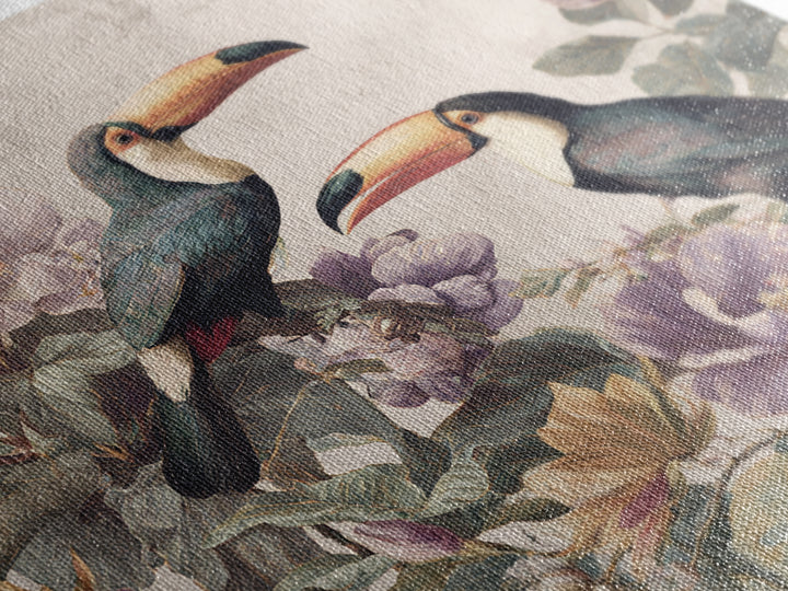 Toucans Surrounded by Bright Jungle Flowers Canvas Print, Tropical Art, Decor, Living Room Decor, Oil Painting, Tropic, TRO-1x1-99