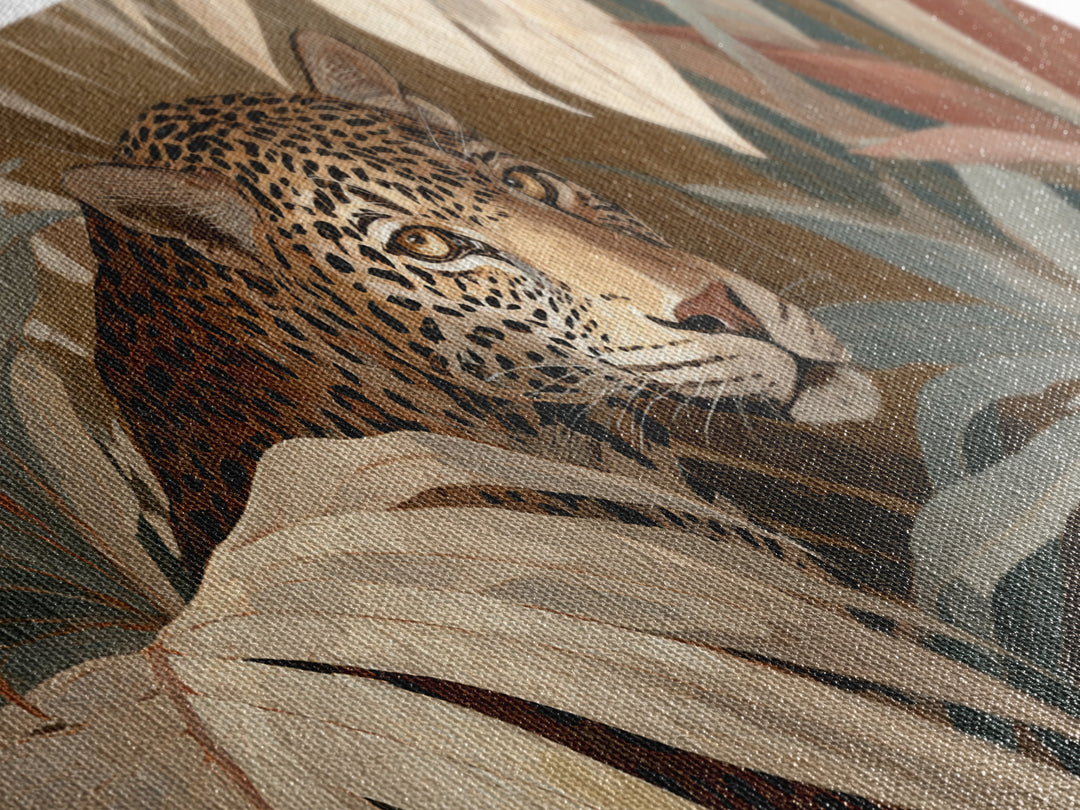 Leopard Hidden Among Palm Leaves Framed Canvas Print, Tropical Art, Contemporary Art, Living Room Decor, Fine Art, Tropic, TRO-2x1-10