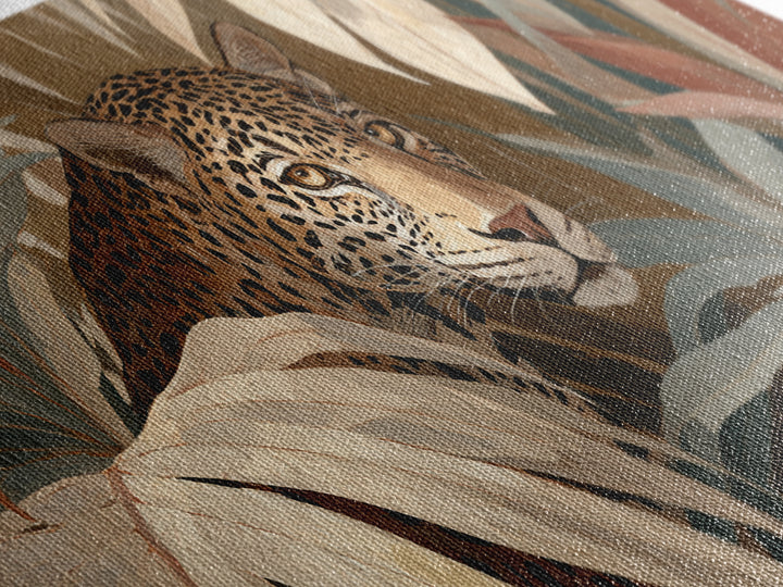 Leopard Hidden Among Palm Leaves Framed Canvas Print, Tropical Art, Contemporary Art, Living Room Decor, Fine Art, Tropic, TRO-2x1-10