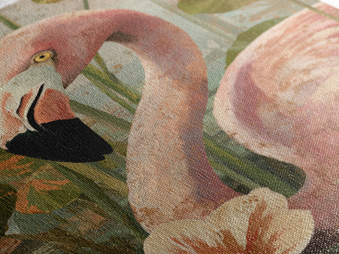 Pink Flamingos Among Tropical Water Plants Canvas Print, Tropical Art, Contemporary Art, Living Room Decor, Fine Art, Tropic, TRO-2x3-10