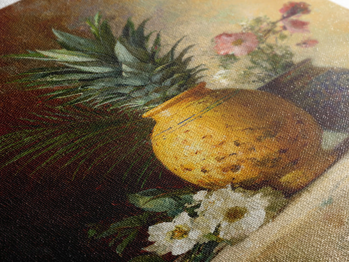Pineapple and Palm Still Life Canvas Print, Tropical Art, Wall Art, Living Room Decor, Oil Painting, Tropic, Pink Wall Art, TRO-2x3-14