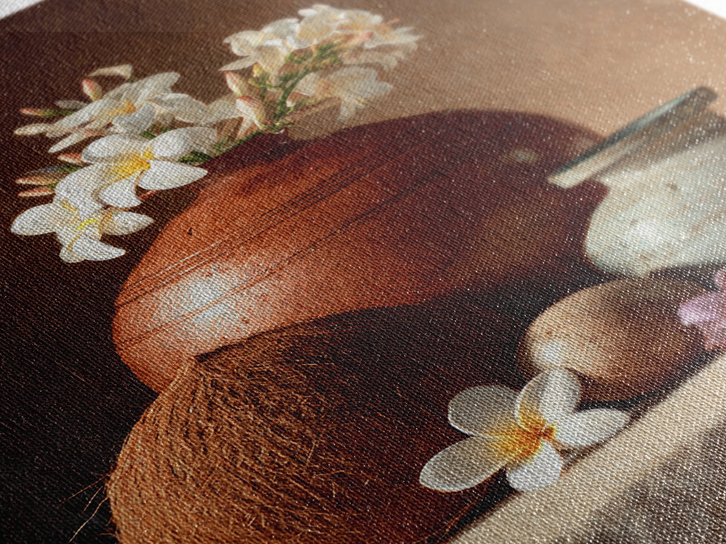 Coconut and Plumeria Still Life Framed Canvas Print, Tropical Art, Watercolor Painting, Living Room Decor, Oil Painting, Tropic, TRO-2x3-20