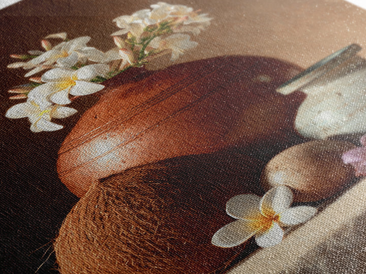 Coconut and Plumeria Still Life Framed Canvas Print, Tropical Art, Watercolor Painting, Living Room Decor, Oil Painting, Tropic, TRO-2x3-20