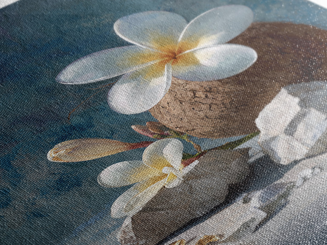 Coconut and Plumeria Still Life Framed Canvas Print, Tropical Art, Coastal Wall Art, Living Room Decor, Fine Art, Tropic, TRO-2x3-68