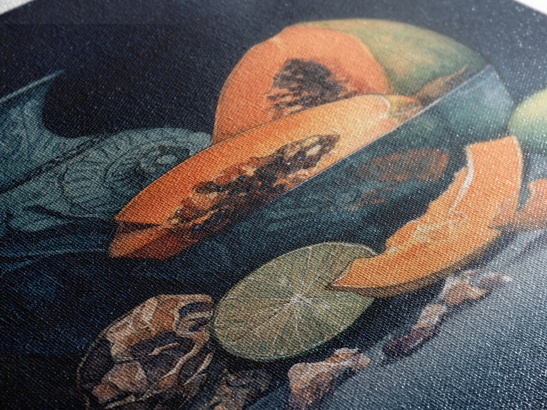 Bright Papaya and Lime Still Life Framed Canvas Print, Tropical Art, Living Room Decor, Watercolor Art, Tropic, TRO-2x3-80