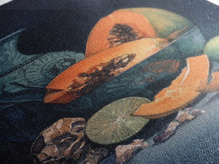 Bright Papaya and Lime Still Life Framed Canvas Print, Tropical Art, Living Room Decor, Watercolor Art, Tropic, TRO-2x3-80