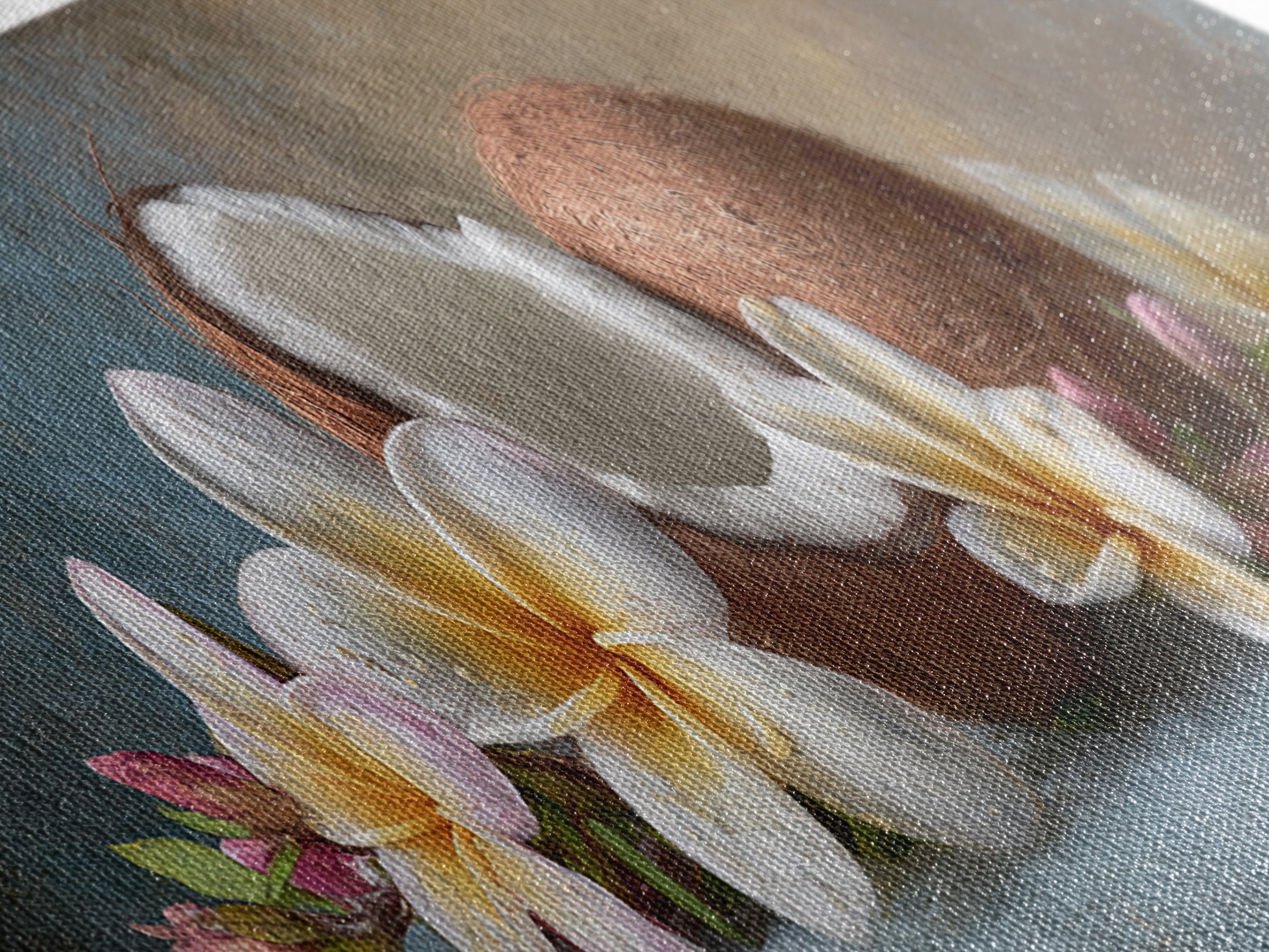 Coconut and Plumeria Still Life Framed Canvas Print, Tropical Art, Botanical Art, Living Room Decor, Oil Painting, Tropic, TRO-3x1-28