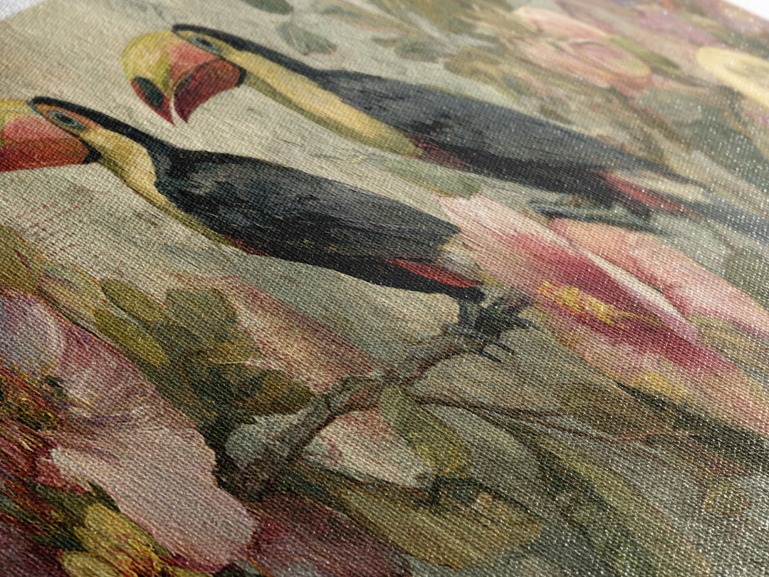 Toucans Surrounded by Bright Jungle Flowers Canvas Print, Tropical Art, Art Print, Living Room Decor, Fine Art, Tropic, TRO-3x1-43