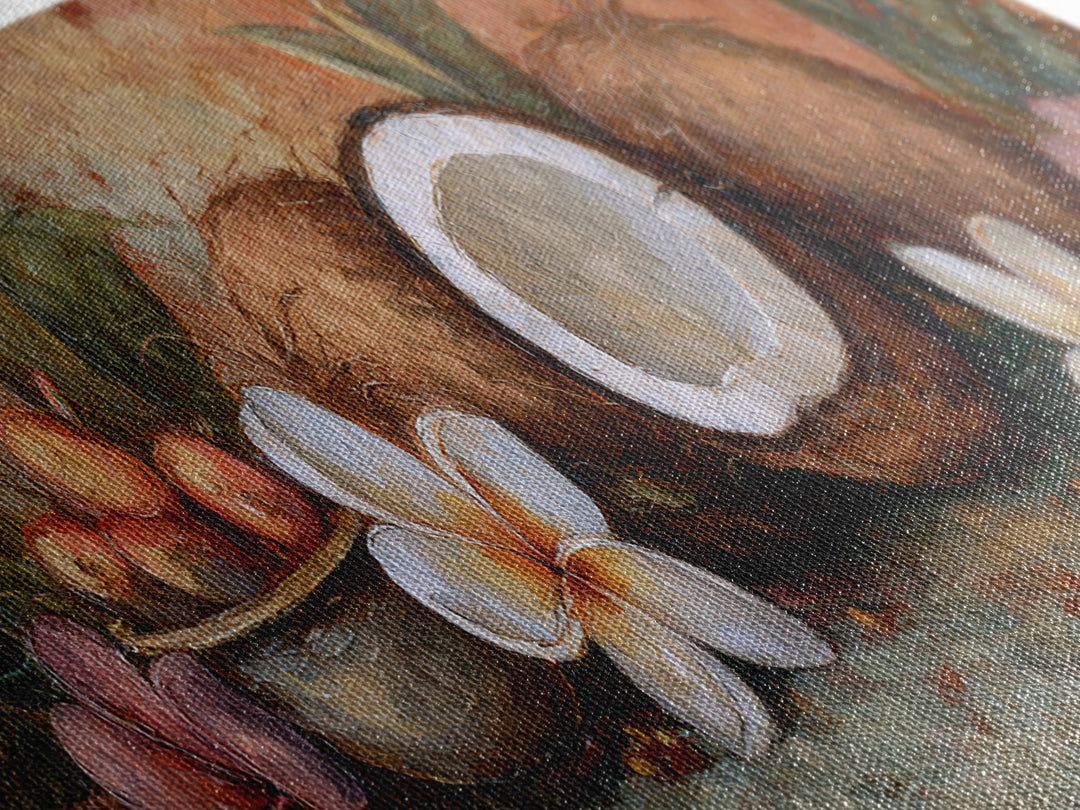 Coconut and Plumeria Still Life Canvas Print, Tropical Art, Decor, Living Room Decor, Tropic 276, Bird Art, Set of Prints, TRO-3x1-76