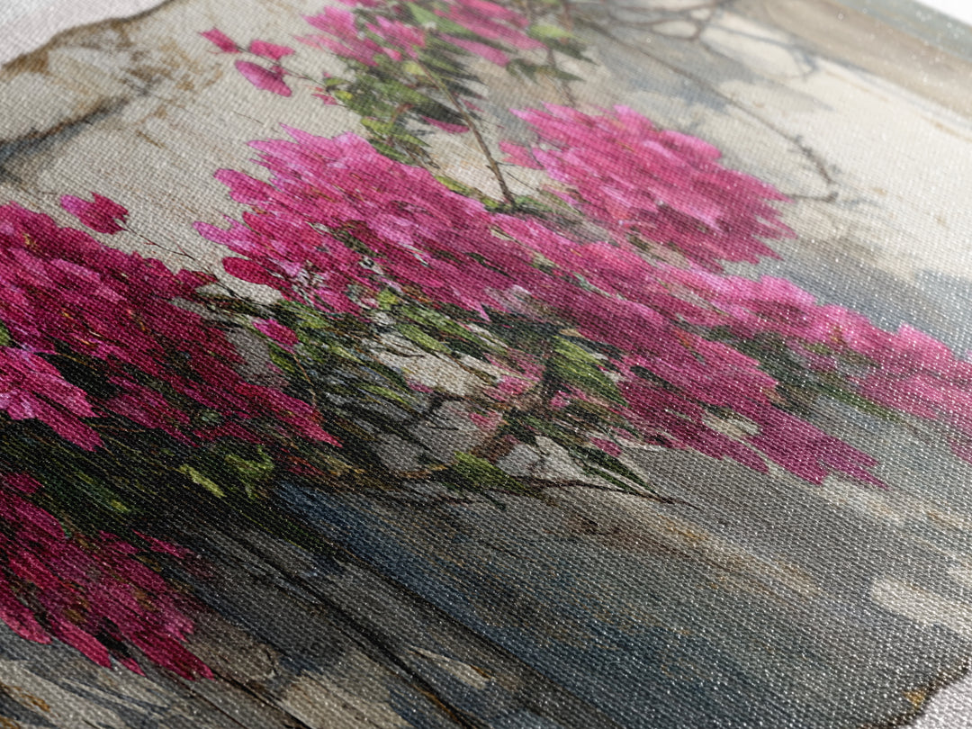 Pink Bougainvillea over White Wall Canvas Print, Tropical Art, Digital Prints, Living Room Decor, Tropic 280, Set of Prints, TRO-3x1-80