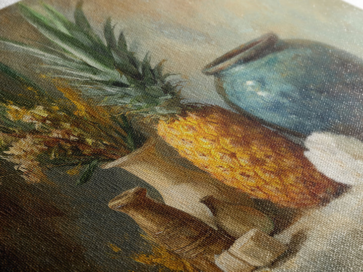 Pineapple and Palm Still Life Framed Canvas Print, Tropical Art, Coastal Wall Art, Living Room Decor, Fine Art, Tropic, TRO-3x2-10