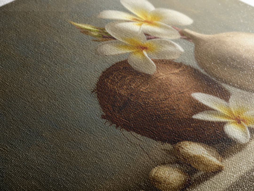 Coconut and Plumeria Still Life Canvas Print, Tropical Art, Downloadable Prints, Living Room Decor, Watercolor Art, Tropic, TRO-3x2-16