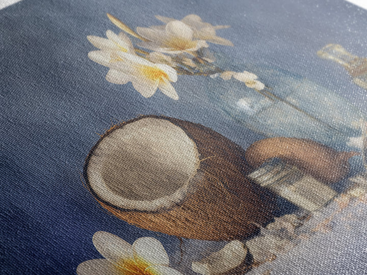 Coconut and Plumeria Still Life Framed Canvas Print, Tropical Art, Botanical Art, Living Room Decor, Oil Painting, Tropic, TRO-3x2-40