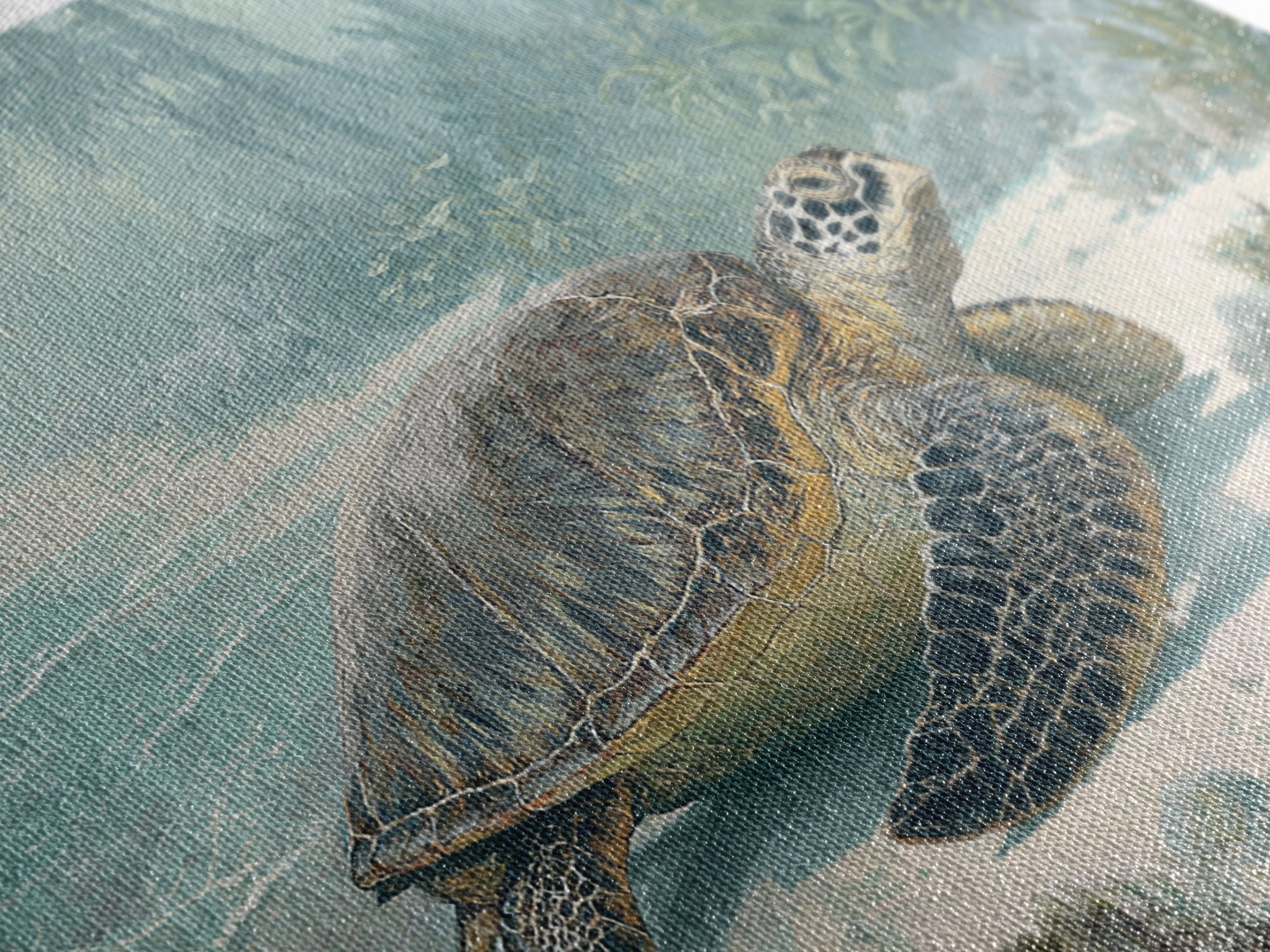 Sea Turtle Near Tropical Reef Framed Canvas Print, Tropical Art, Digital Art, Living Room Decor, Oil Painting, Tropic, TRO-3x2-47