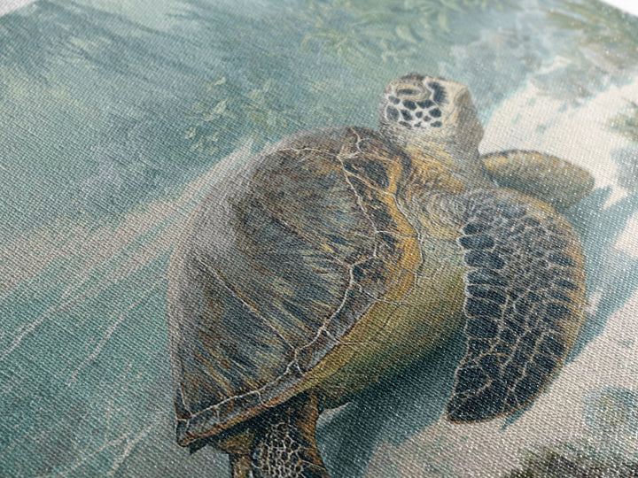 Sea Turtle Near Tropical Reef Framed Canvas Print, Tropical Art, Digital Art, Living Room Decor, Oil Painting, Tropic, TRO-3x2-47