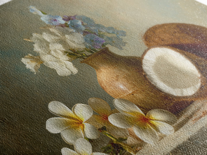 Coconut and Plumeria Still Life Canvas Print, Tropical Art, Decor, Living Room Decor, Tropic 588, Bird Art, Set of Prints, TRO-3x2-88