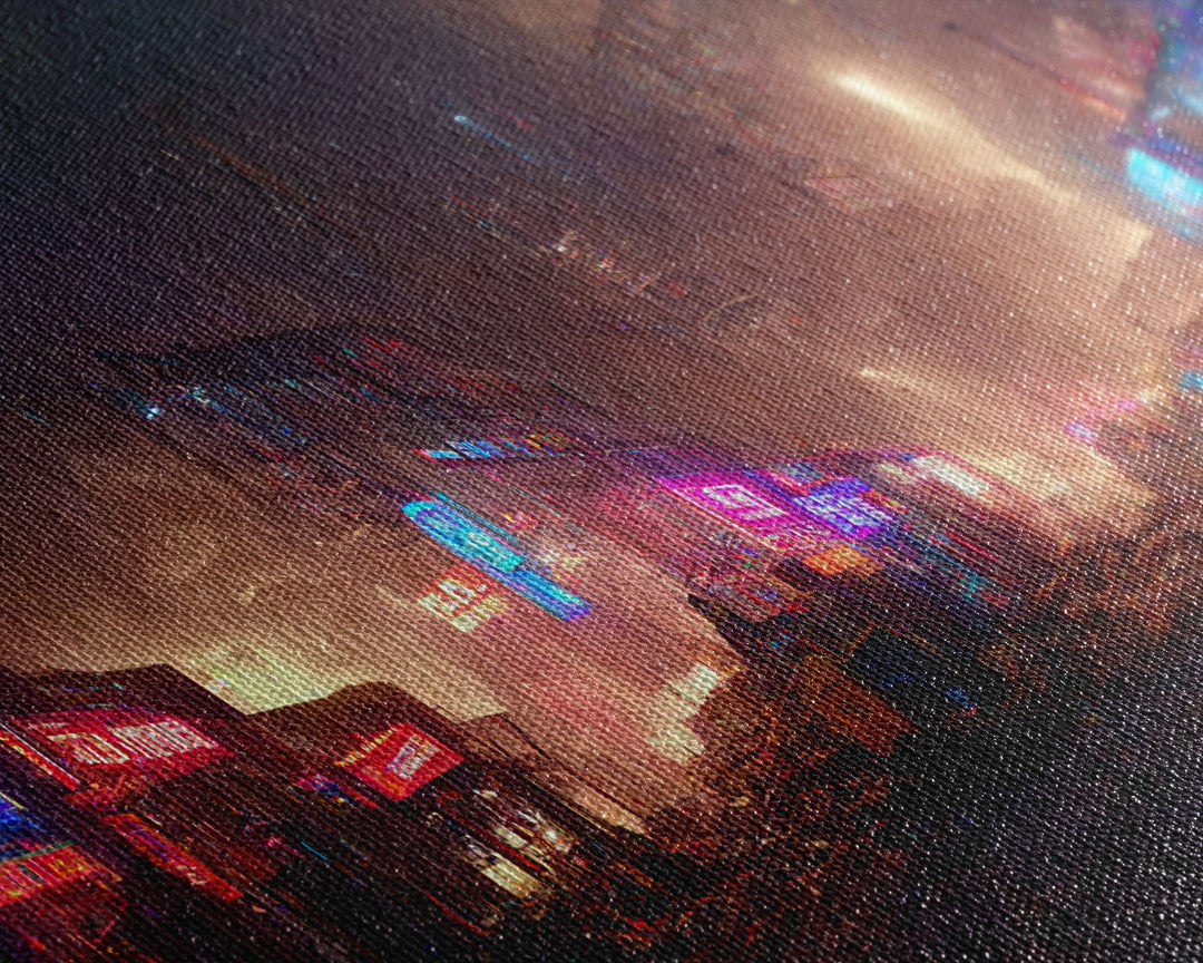 Destitute cyberpunk city with neon signs wall art, Bladerunner vibes art, synthwave style art, cool wall art