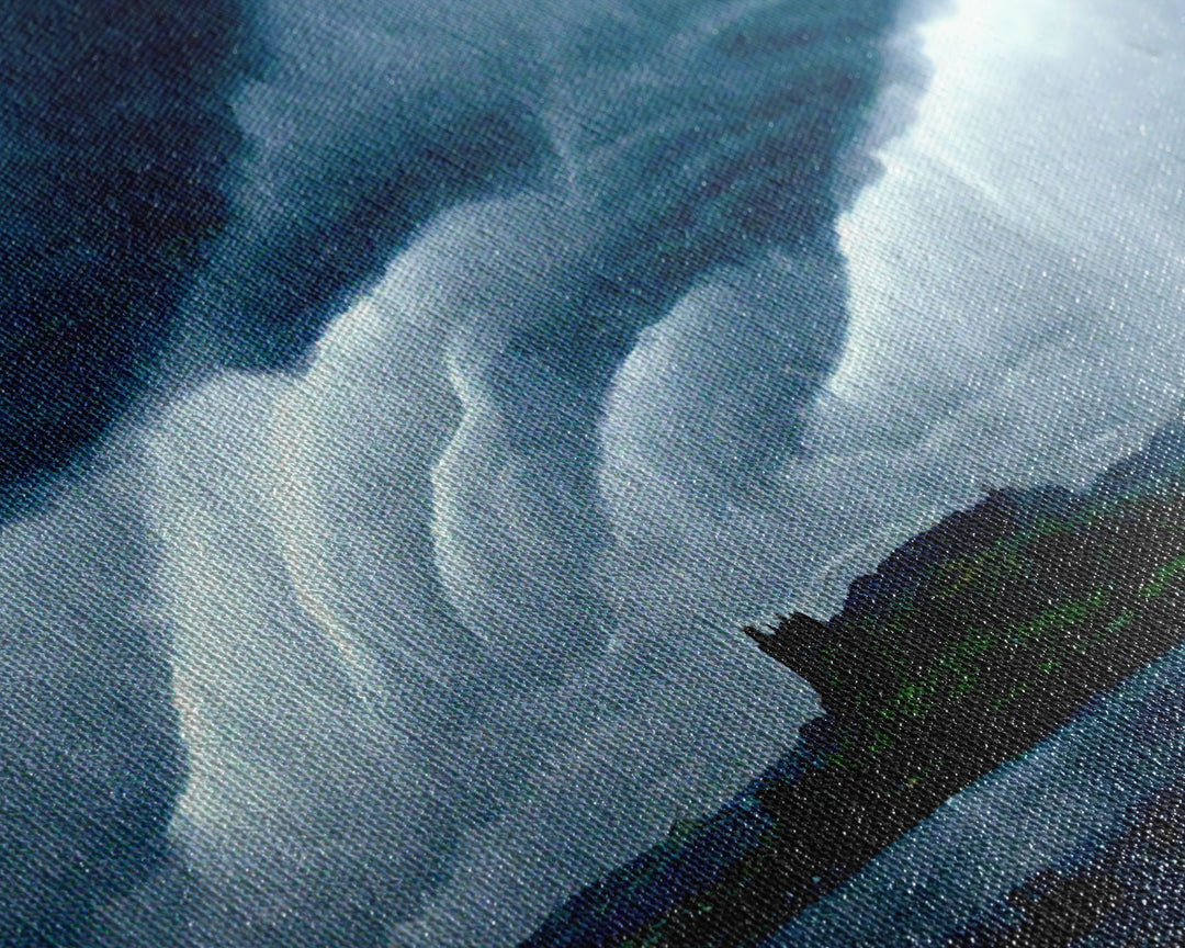Rainstorm wall art, canvas print, ready to hang, fast moving storm over an island castle, cool wall art