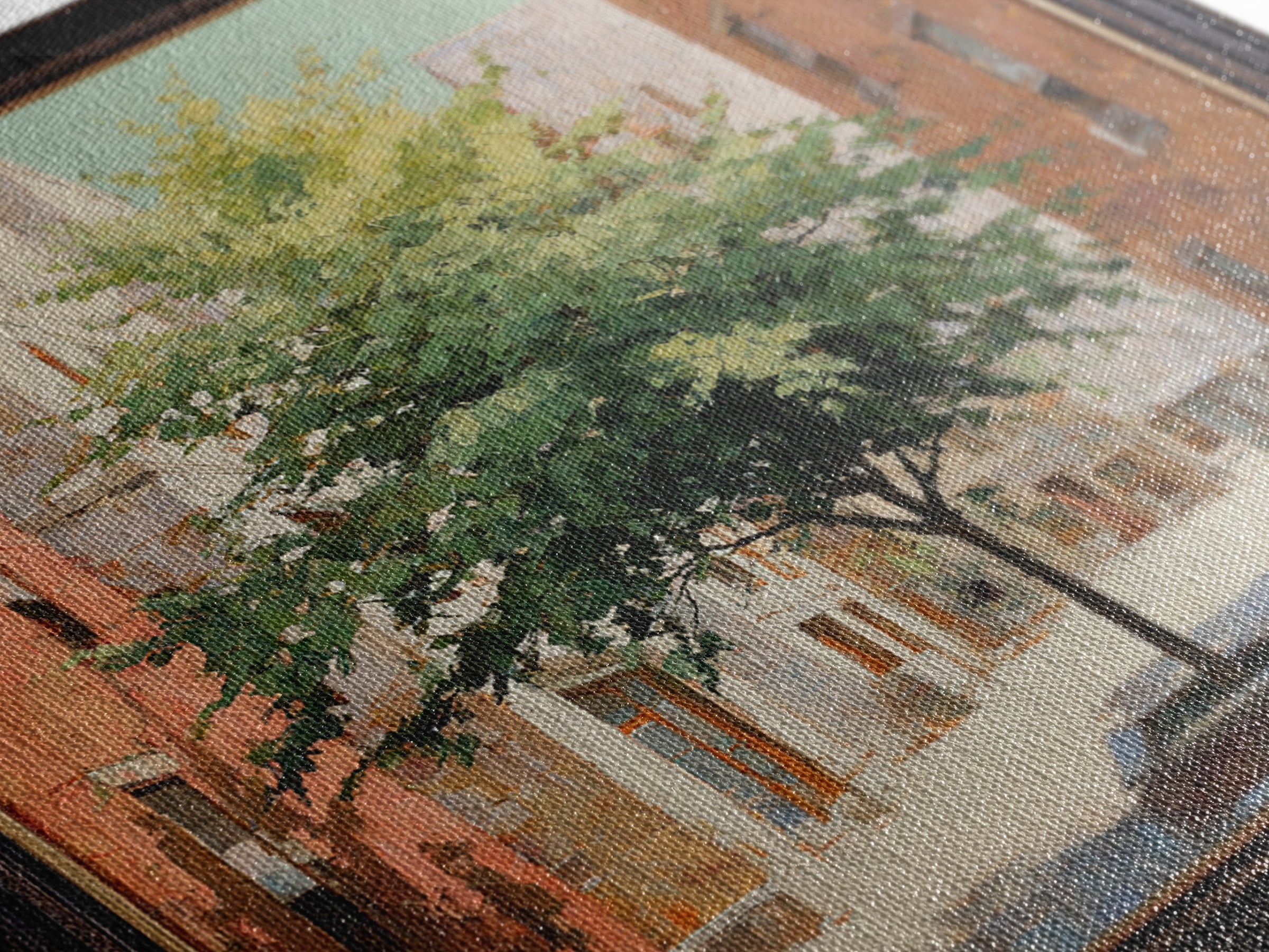 City Park Tree Framed by Buildings Framed Canvas Print, Urban Art, Colorful Wall Art, Living Room Decor, Abstract Art, Urban, URB-1x1-66