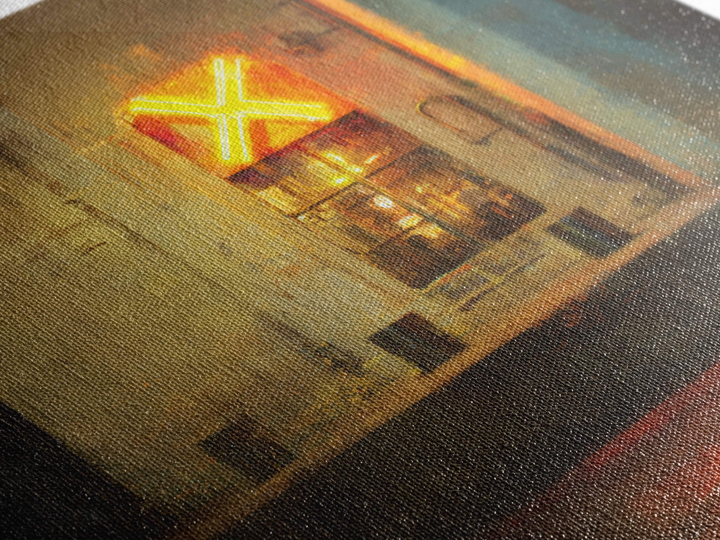 Neon Sign Glow Reflected on Black Street Framed Canvas Print, Urban Art, Gallery Decor, Living Room Decor, Fine Art, Urban, URB-1x1-78