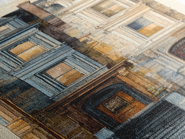 Brownstone Row in Soft Morning Light Framed Canvas Print, Urban Art, Art Print, Living Room Decor, Urban, Oil Painting, URB-1x3-24