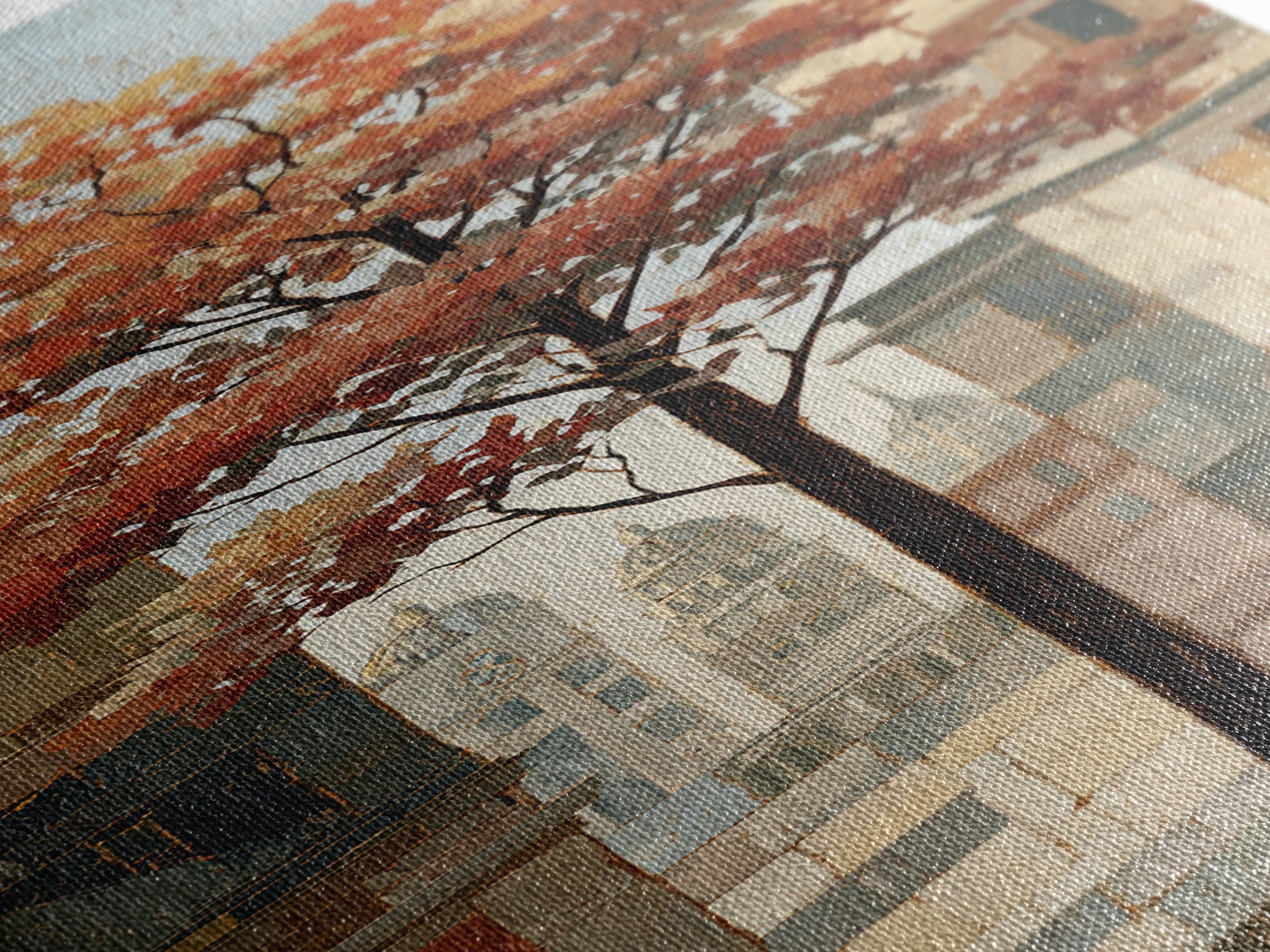 City Park Tree Framed by Buildings Framed Canvas Print, Urban Art, Canvas Painting, Living Room Decor, Oil Painting, Urban, URB-1x3-54