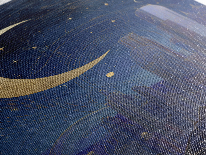 Night Skyline under Crescent Moon Framed Canvas Print, Urban Art, Neutral Decor, Living Room Decor, Fine Art, Urban, Wall Art, URB-2x3-56