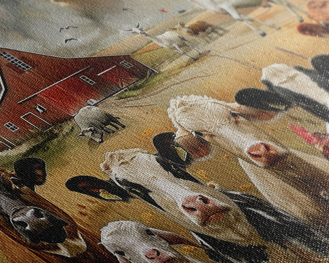 Kitsch Farmhouse Wall Art, Cute Farm Animals On A Fence, Cow Art, Pig Print, Red Barn Wall Art, Wood Framed Art