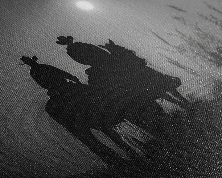 Cowboys Under A Full Moon, Framed Canvas Print, Black and White Western Photography, Wild West Art, Western Decor, Farmhouse Country Art