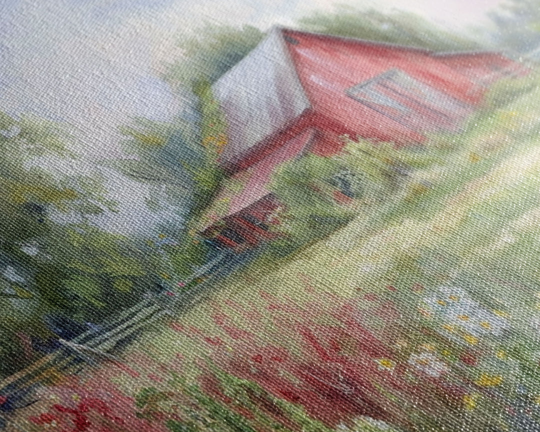 Old Red Barn Rustic Art, Framed Canvas Print Of An Original Art Watercolor Painting, Cottage Core Decor, Whimsical Kitsch Living Room Art