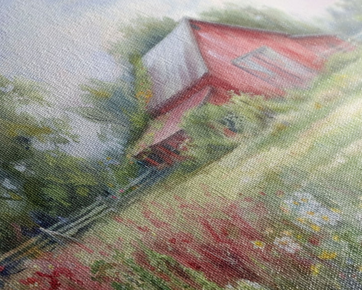 Old Red Barn Rustic Art, Framed Canvas Print Of An Original Art Watercolor Painting, Cottage Core Decor, Whimsical Kitsch Living Room Art