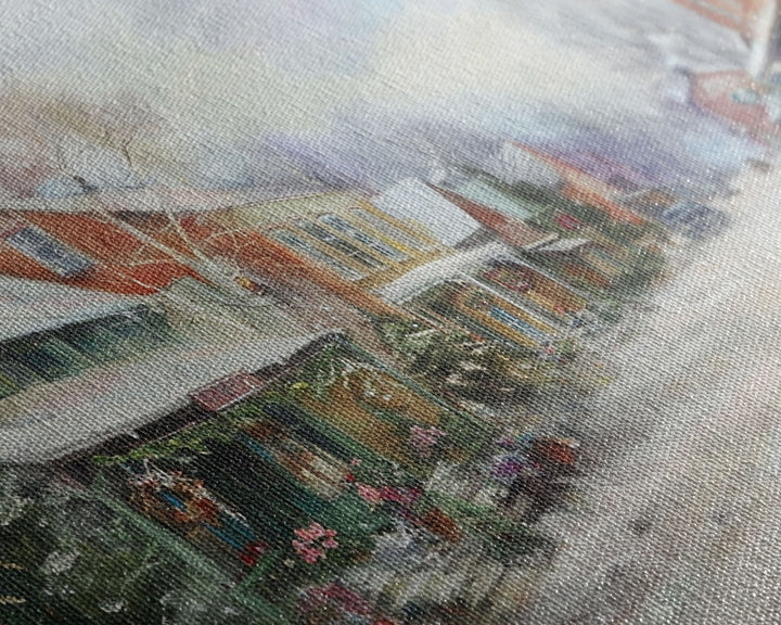 Small Town America At Christmas Time, Framed Canvas Print, Winter Scenary Wall Decor, Folk Art Framed Canvas, Metal Wall Art Living Room