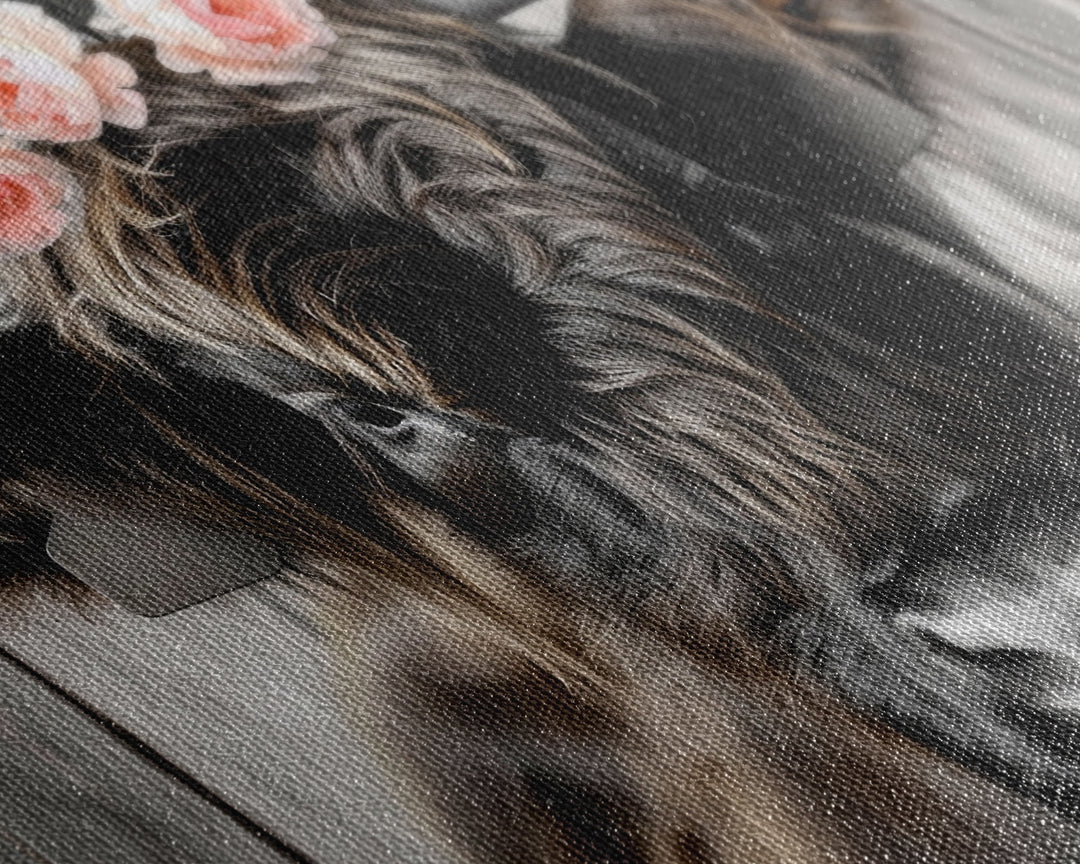 Framed Canvas Wall Art, Cute Highland Cow Print, Modern Wall Art Farmhouse Decor, Fun Rustic Farmhouse Art, Life On The Farm, Cow and Flower