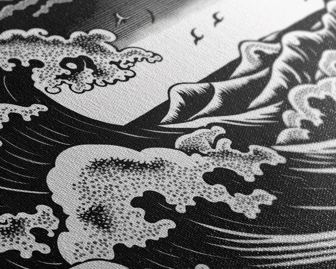 Black and White Wave Canvas Print, Hokusai Inspired Wall Art, Woodblock Print Style, Wall Art, Vintage Style Wall Art