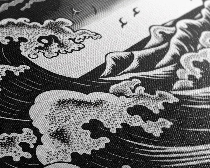 Black and White Wave Canvas Print, Hokusai Inspired Wall Art, Woodblock Print Style, Wall Art, Vintage Style Wall Art