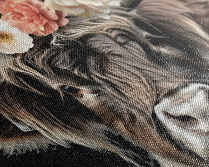 Framed Highland Cow With Flowers Painting canvas print Farmhouse art Cattle Wooden background Country wall art Cow print Rustic Wall Art