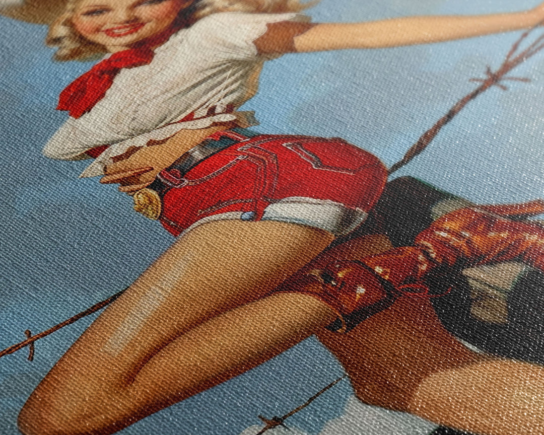 Vintage Cowgirl Pin-Up Art Print, Retro Western Framed Canvas, Classic Pin-Up Girl in Cowboy Hat and Boots, Unique Wall Decor