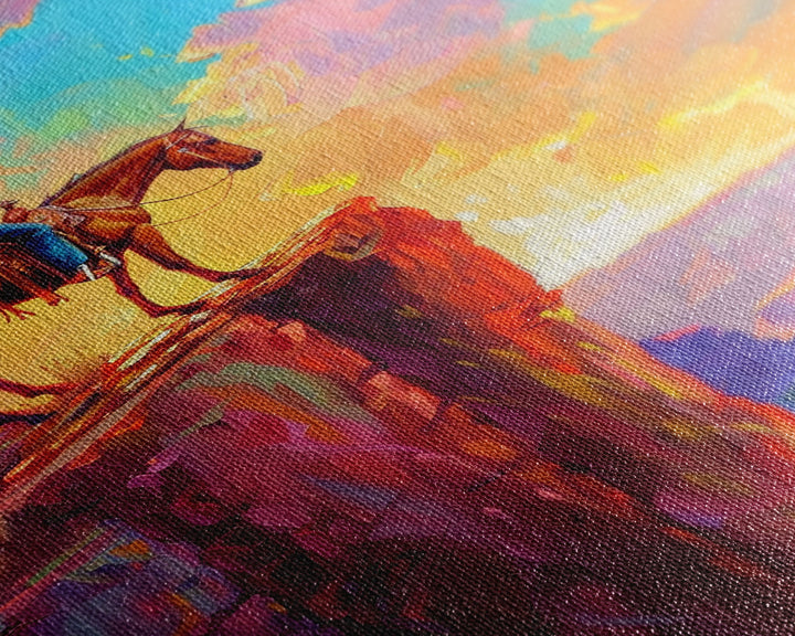 Cowboy on Horse at Sunrise - Colorful Western Landscape Painting, Sunrise Wall Art, Living Room Decor, Cowboy Canvas Print