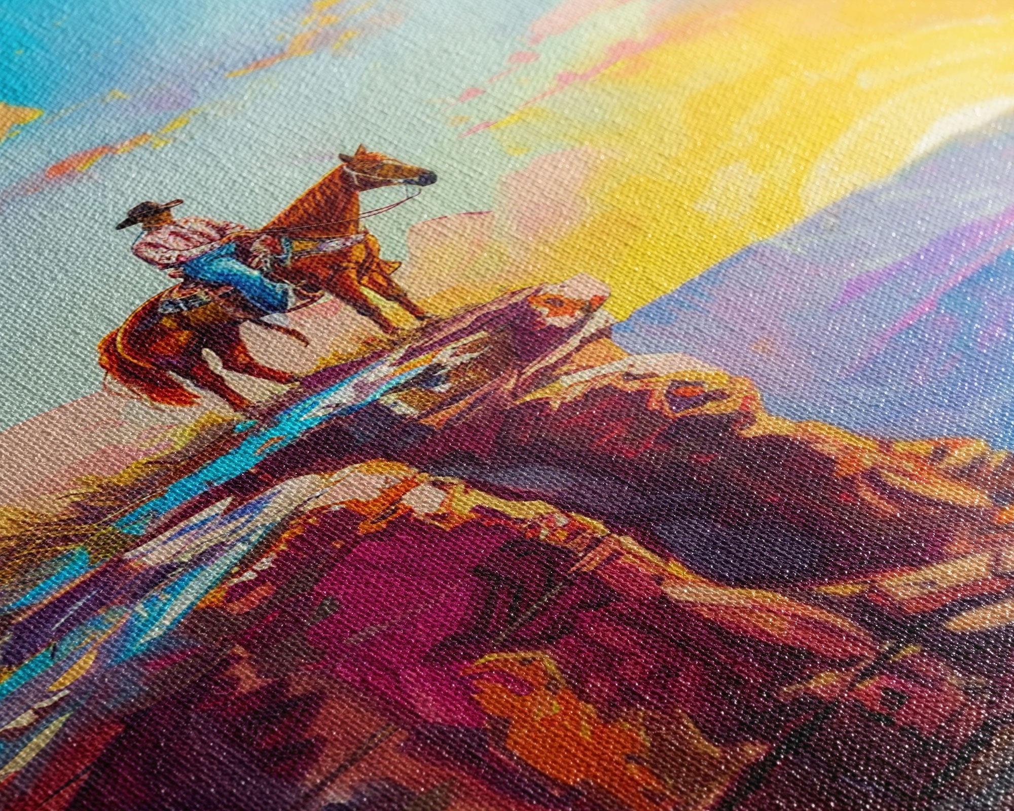 Cowboy on Cliff Edge at Sunrise - Colorful Western Landscape Painting, Framed Canvas Print, Sunrise Wall Art, Living Room Decor