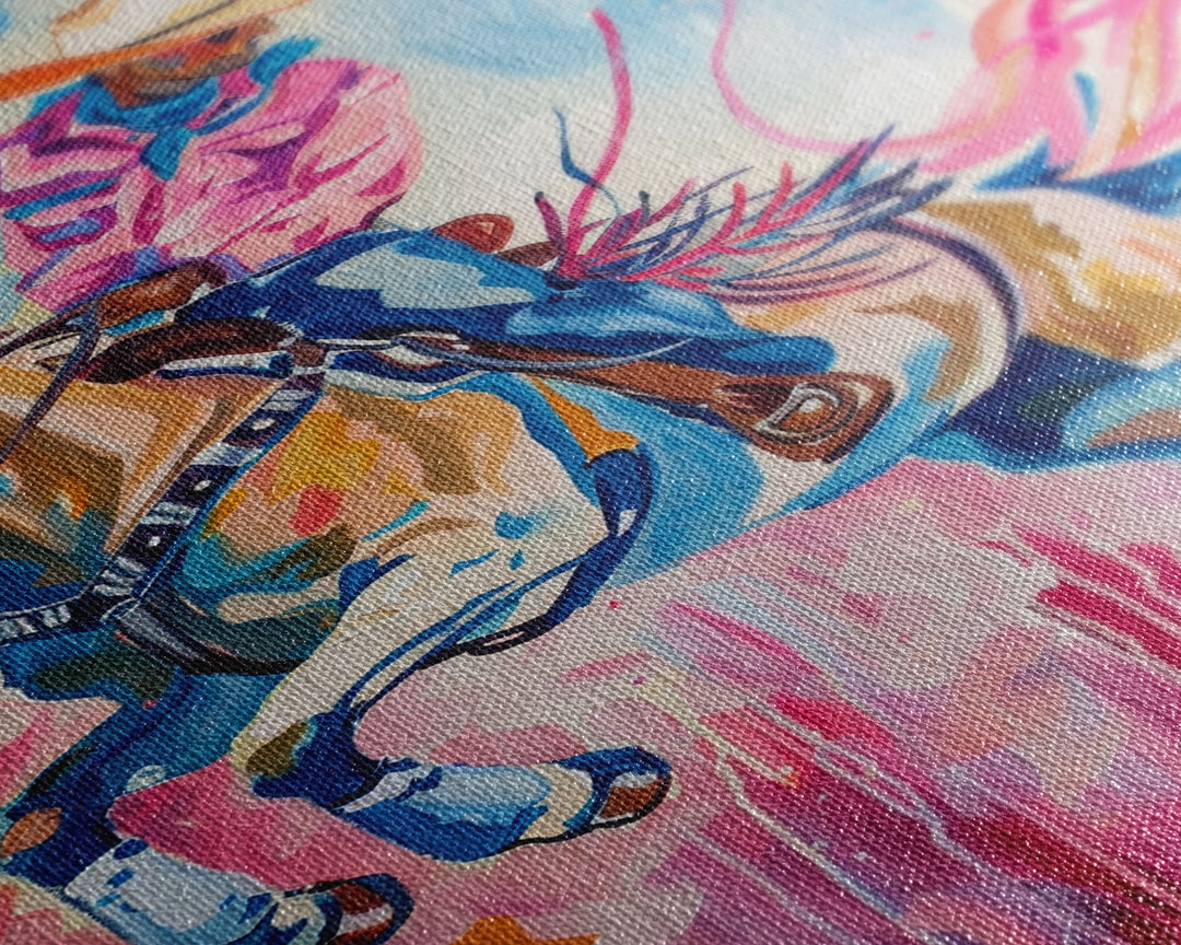 Dynamic Cowboy and Horse Painting - Colorful Western Art, Framed Canvas Print, Living Room Decor, Cowboy Riding Wall Art