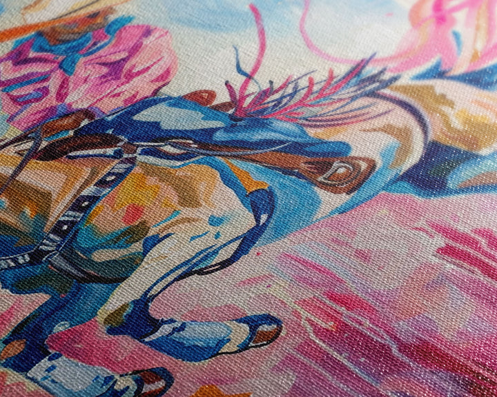 Dynamic Cowboy and Horse Painting - Colorful Western Art, Framed Canvas Print, Living Room Decor, Cowboy Riding Wall Art