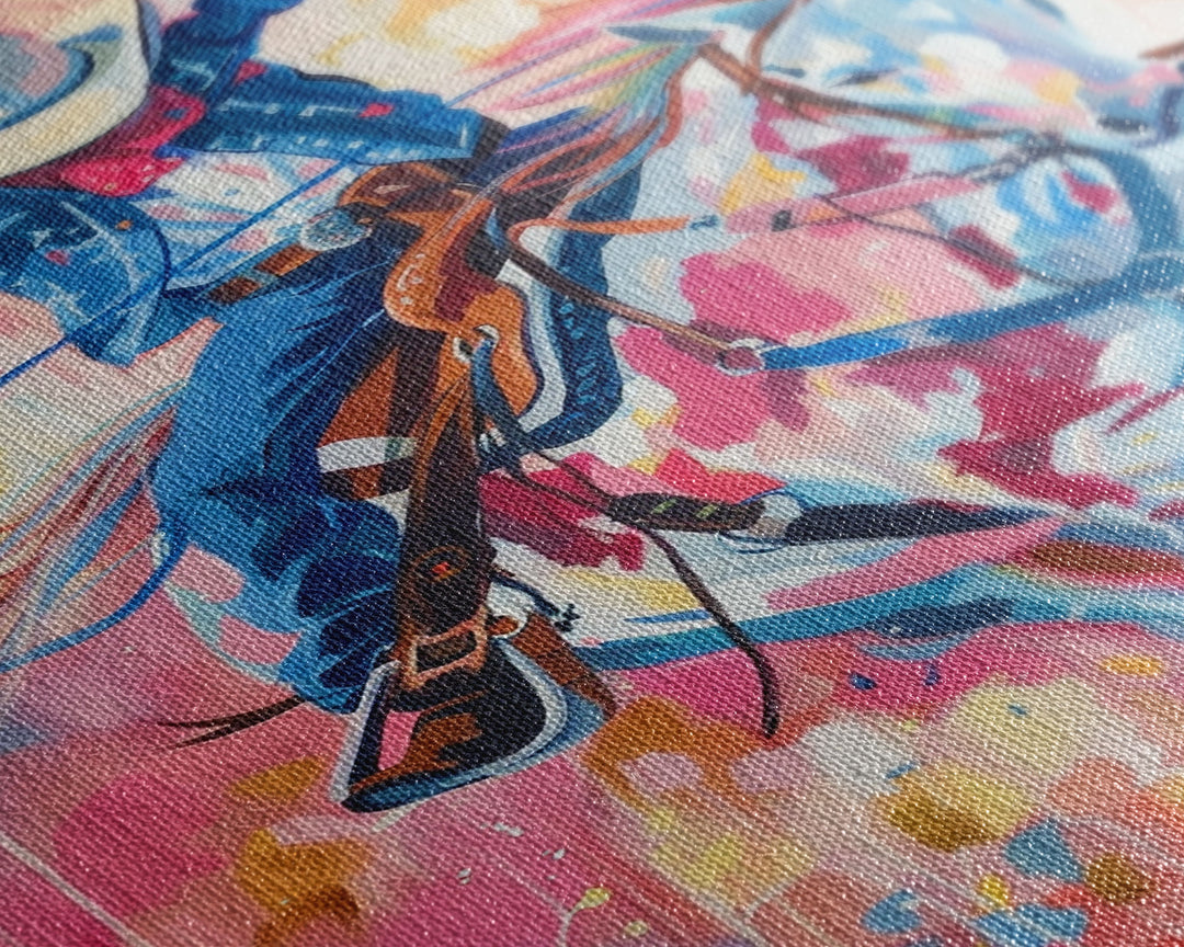 Energetic Cowboy on Horseback - Vibrant Western Art, Framed Canvas Print, Living Room Decor, Cowboy Rodeo Painting, Colorful Wall Art