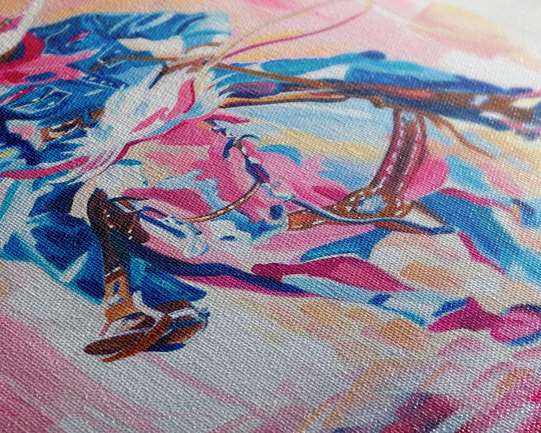 Cowboy Riding in Pink - Colorful Western Art, Framed Canvas Print, Living Room Decor, Cowboy Painting, Vibrant Wall Art