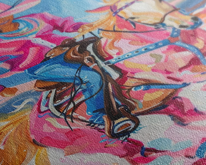 Dynamic Cowgirl and Horse - Colorful Western Art, Framed Canvas Print, Living Room Decor, Cowgirl Painting, Vibrant Wall Art