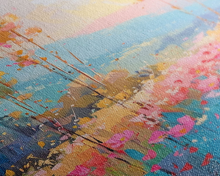 Serene Meadow Landscape at Sunrise - Framed Canvas Print, Tranquil Living Room Art, Peaceful Bedroom Decor, Pastel Flower Art, Wall Art