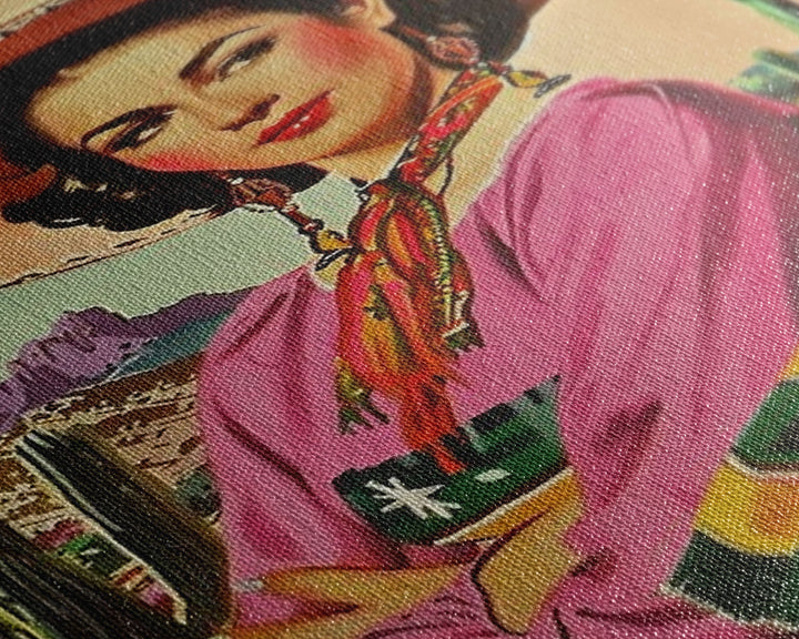 Western Portrait of a Latina Cowgirl with Cactus Background - Framed Canvas Print, Southwest Living Room Art Rustic Bedroom Decor, Retro Art