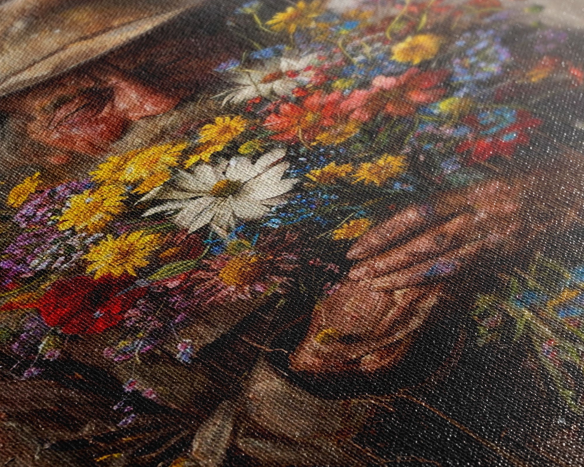 Old Cowboy with Wildflowers - Framed Canvas Print, Vintage Living Room Art, Rustic Bedroom Decor, Western Art, Wall Art