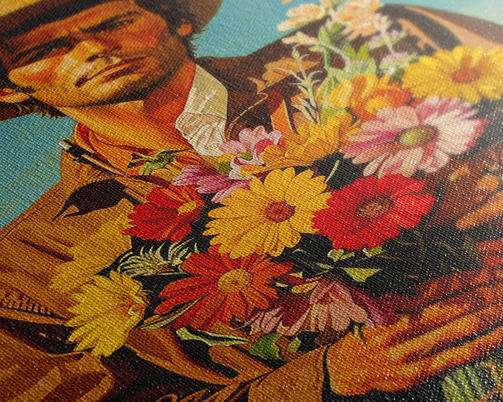 Vintage Cowboy Holding Flowers - Framed Canvas Print, Southwestern Living Room Art, Rustic Bedroom Decor, Retro Art, Wall Art