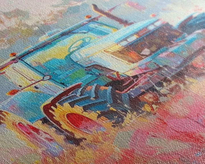 Farm Tractor in Vibrant Meadow - Framed Canvas Print, Countryside Living Room Art, Pastel Bedroom Decor, Rural Art, Wall Art