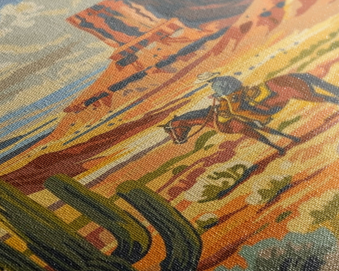 Desert Cowboy Riding Through Cactus - Framed Canvas Print, Western Landscape Art, Southwestern Wall Art for Home Decoration